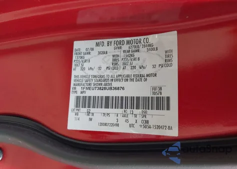 2008 Ford Explorer Xlt из США, поврежденный, VIN 1FMEU73828UB36876